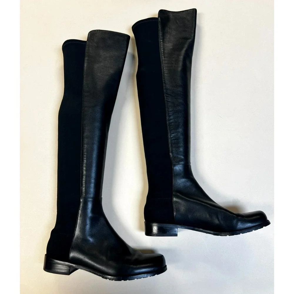Stuart Weitzman 50/50 Over the Knee Boots Black Leather /Stretch Low Heel SZ 7.5